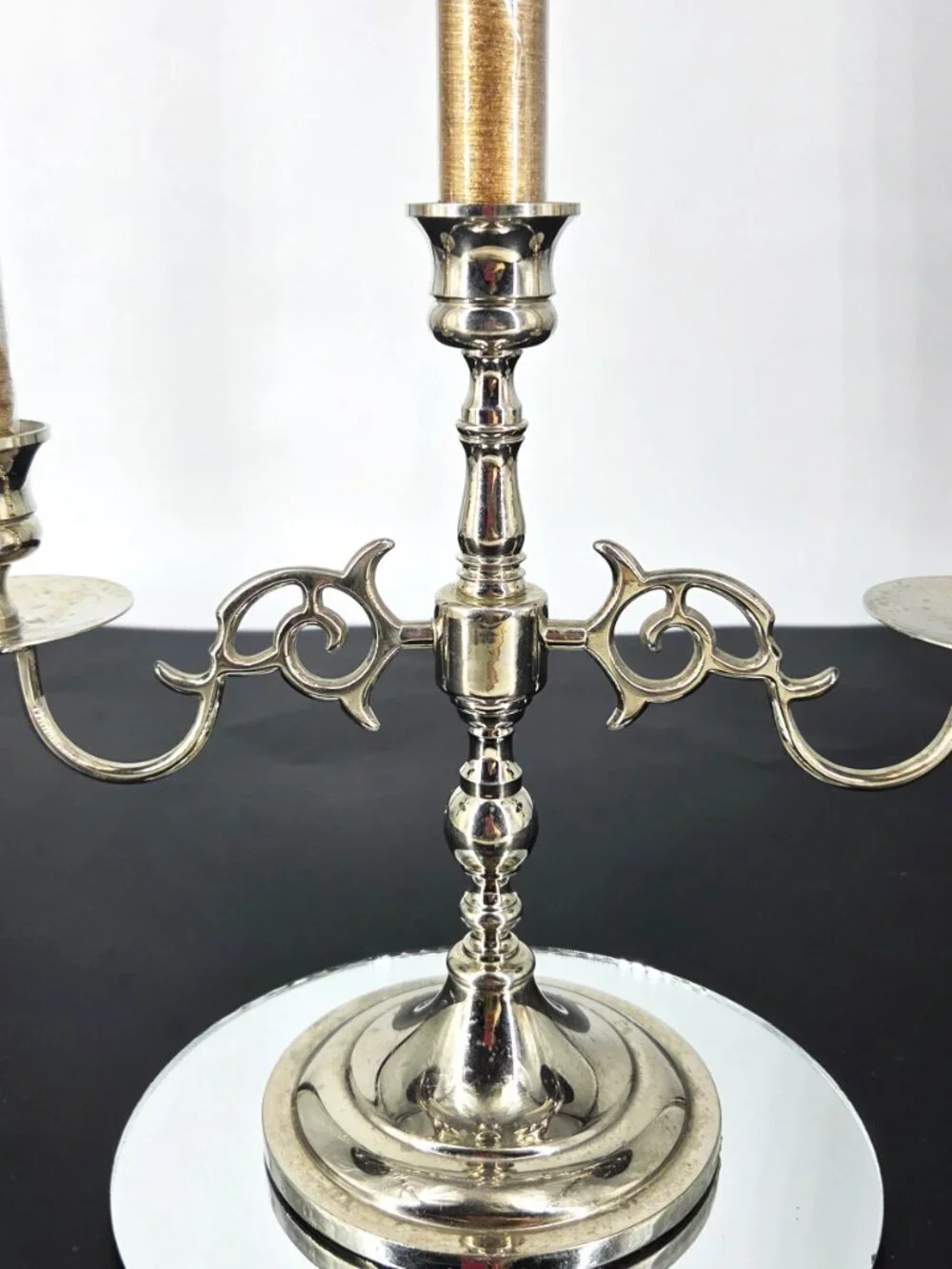 Vintage Silver Metal Ornate Scrollwork 3 Arm Candelabra Taper Candles Weighted